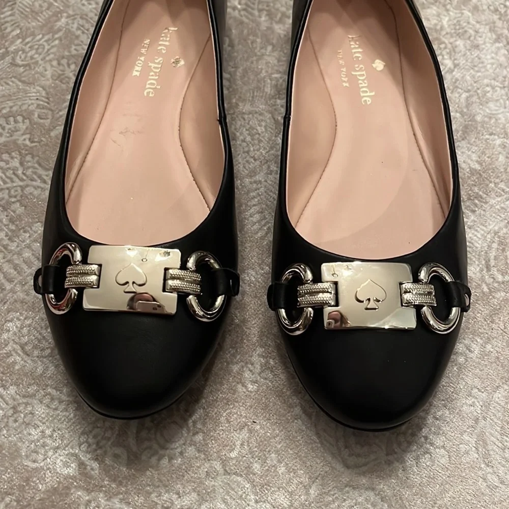 Brand New Kate Spade Genuine Leather Black Flats Slip On Shoes Silver Tone Logo